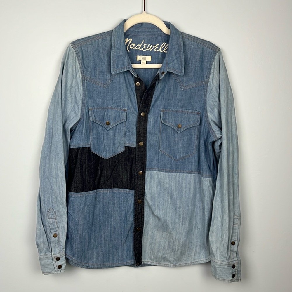 Madewell Blue and Black Patchwork Button Down Shirt